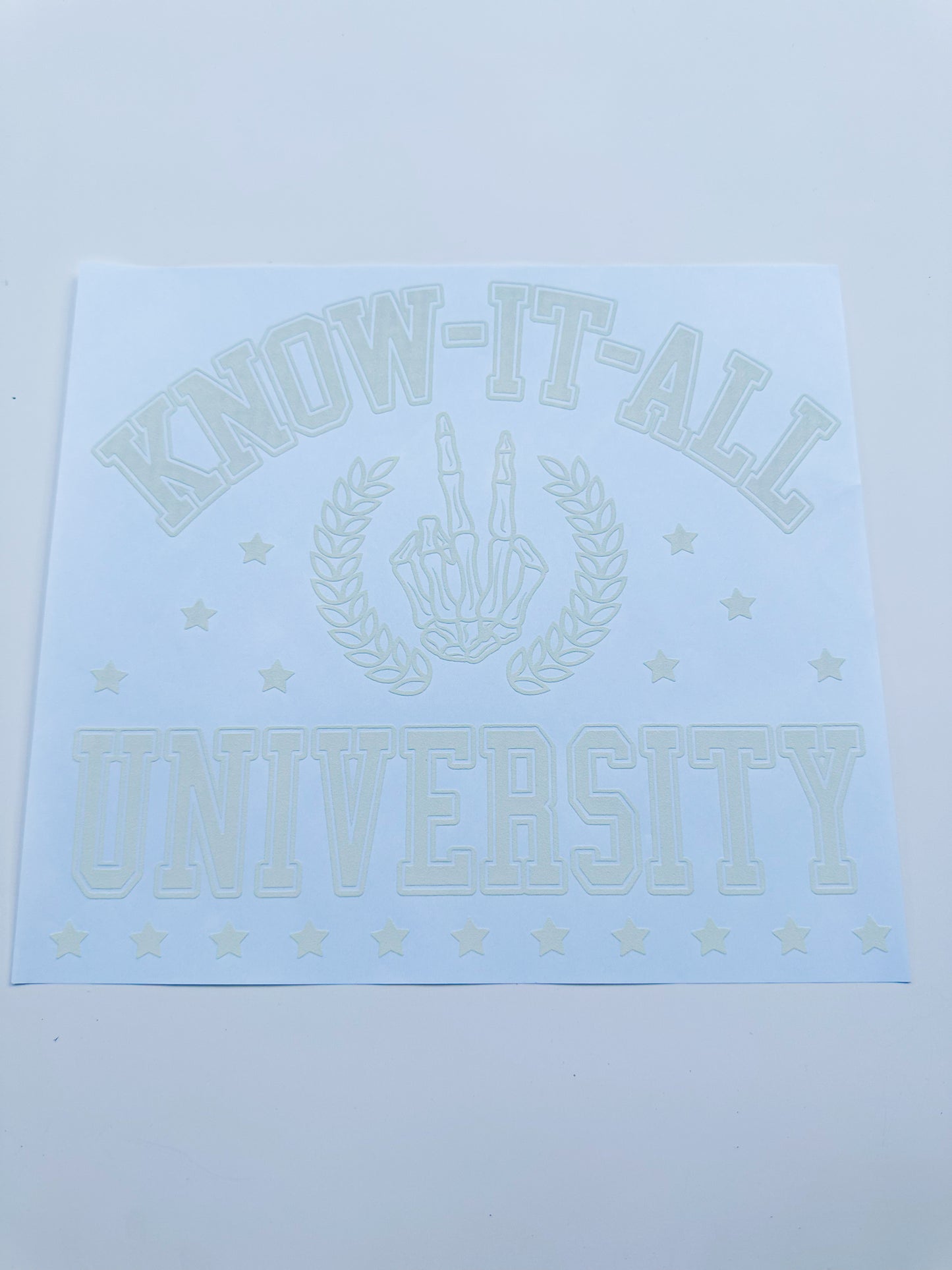 Know it all university white ink transfer