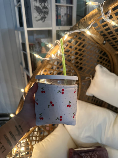 Cherry Weck Jar Koozie – Handmade Lined Fabric Coffee Cozy