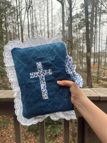 Faith Quilted Book Sleeve with Tie Closure | Side Opening Padded Book Cover | E-Reader & Bible Size
