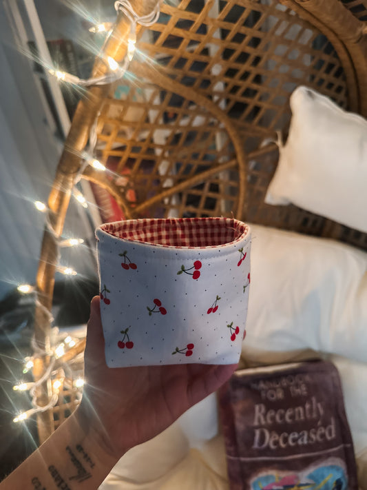 Cherry Weck Jar Koozie – Handmade Lined Fabric Coffee Cozy